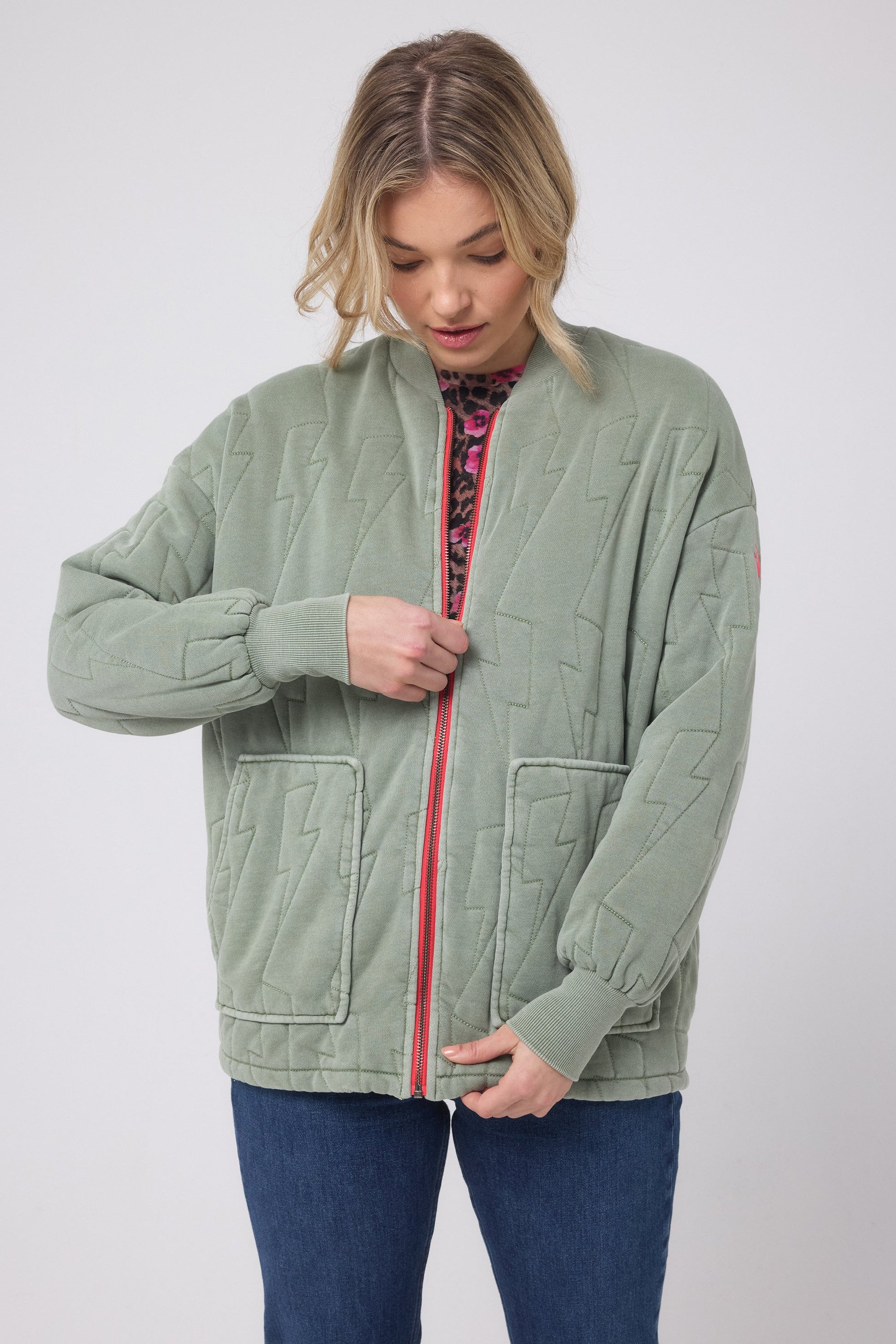 Khaki Lightning Bolt Regular Fit Quilted Bomber Jacket