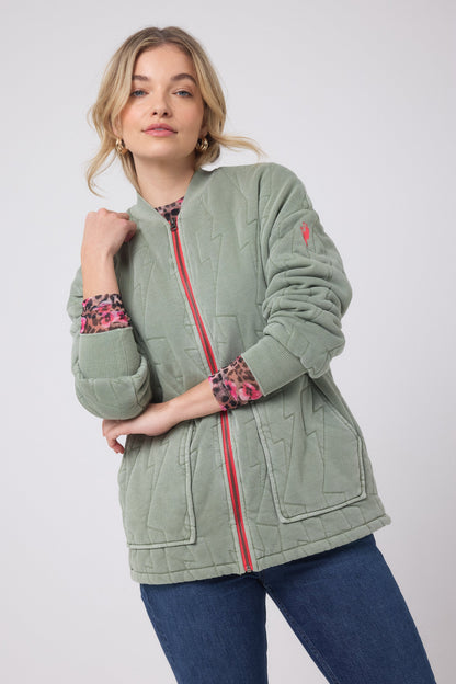 Khaki Lightning Bolt Regular Fit Quilted Bomber Jacket