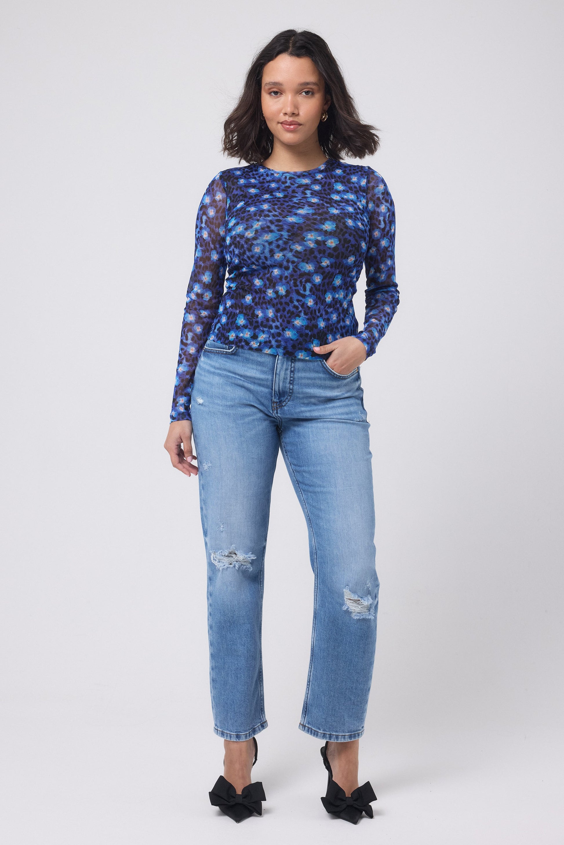 Navy Paradise Cheetah Printed Mesh Top