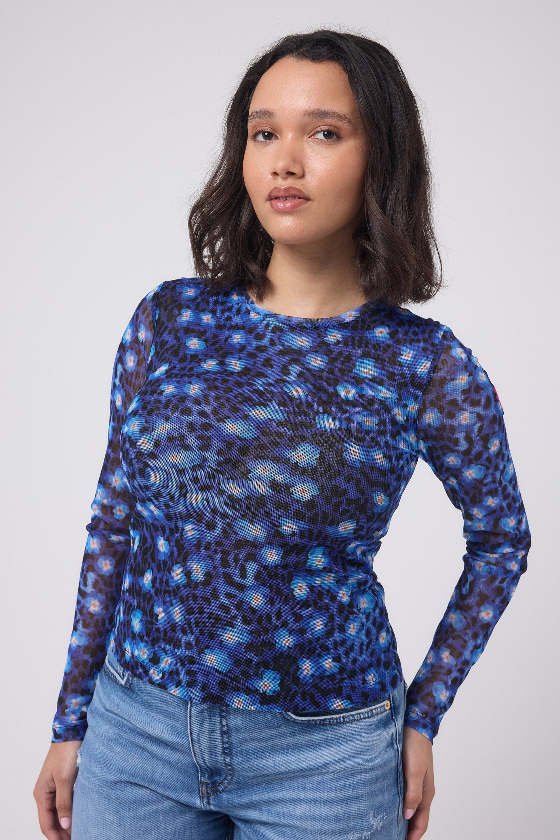 Navy Paradise Cheetah Printed Mesh Top
