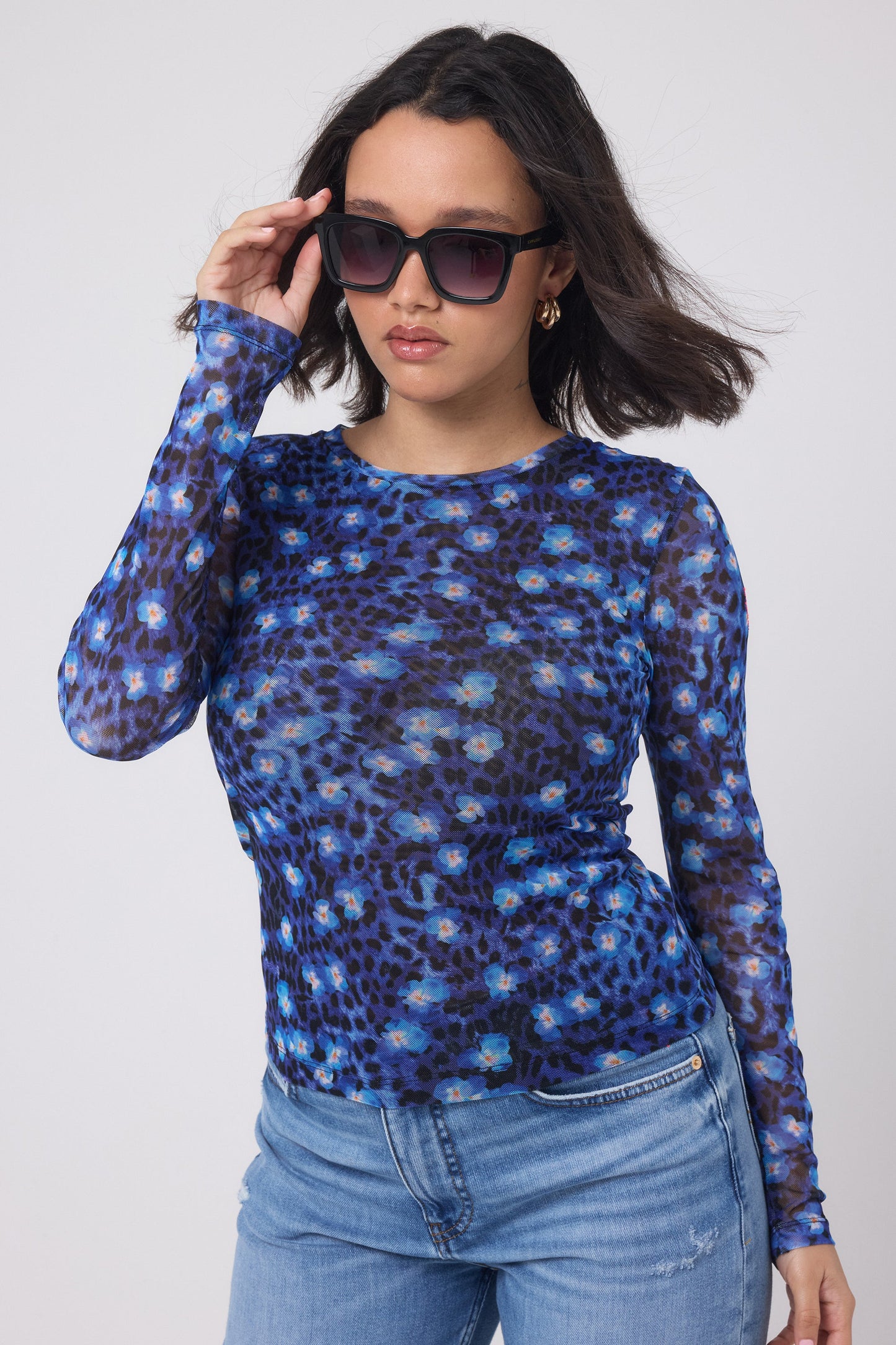 Navy Paradise Cheetah Printed Mesh Top
