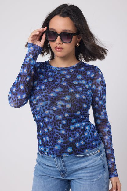 Navy Paradise Cheetah Printed Mesh Top