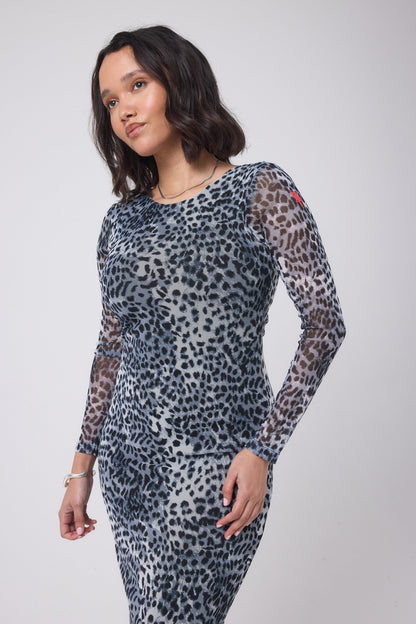 Grey Cheetah Mesh Midi Dress