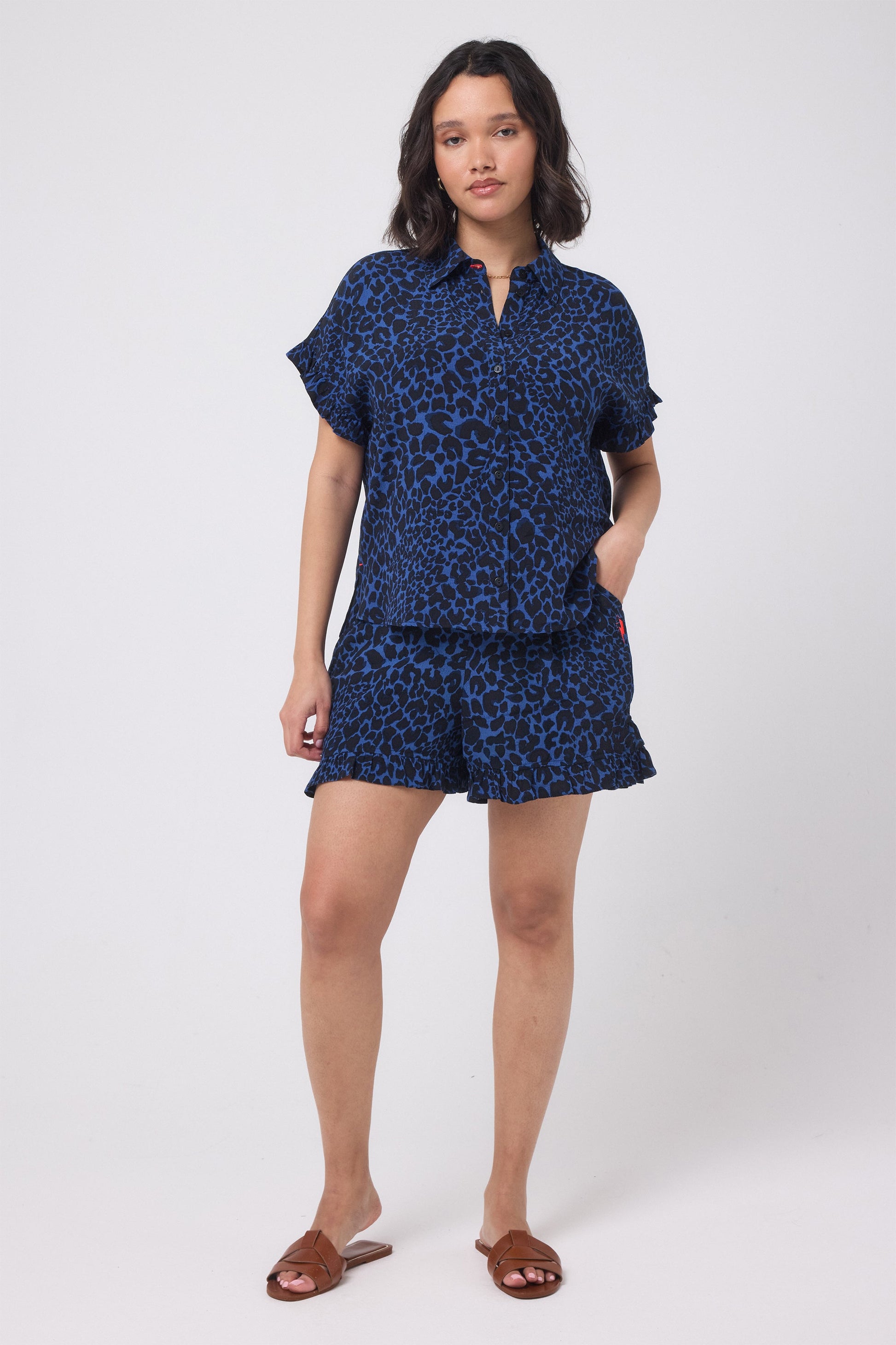 Navy with Black Rock and Roll Leopard Frill Sleeve Shirt