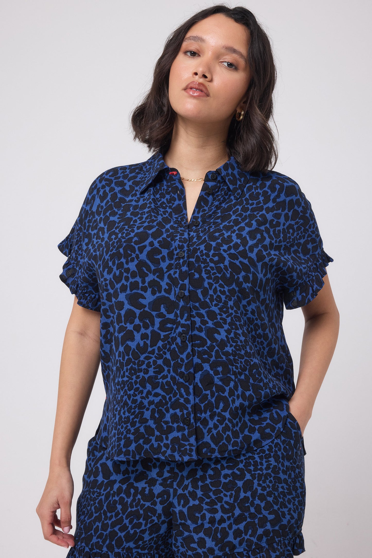 Navy with Black Rock and Roll Leopard Frill Sleeve Shirt