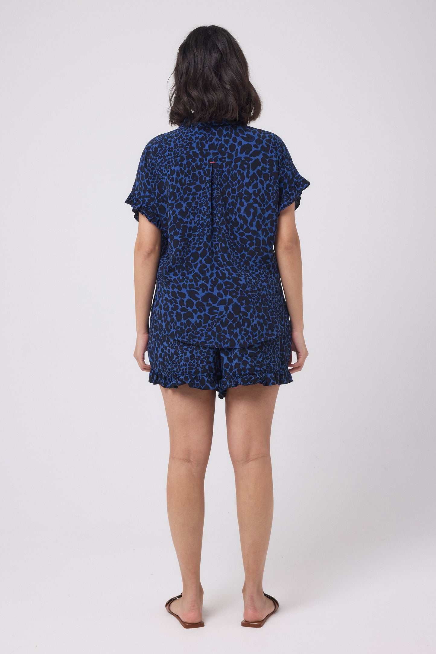 Navy with Black Rock and Roll Leopard Frill Sleeve Shirt