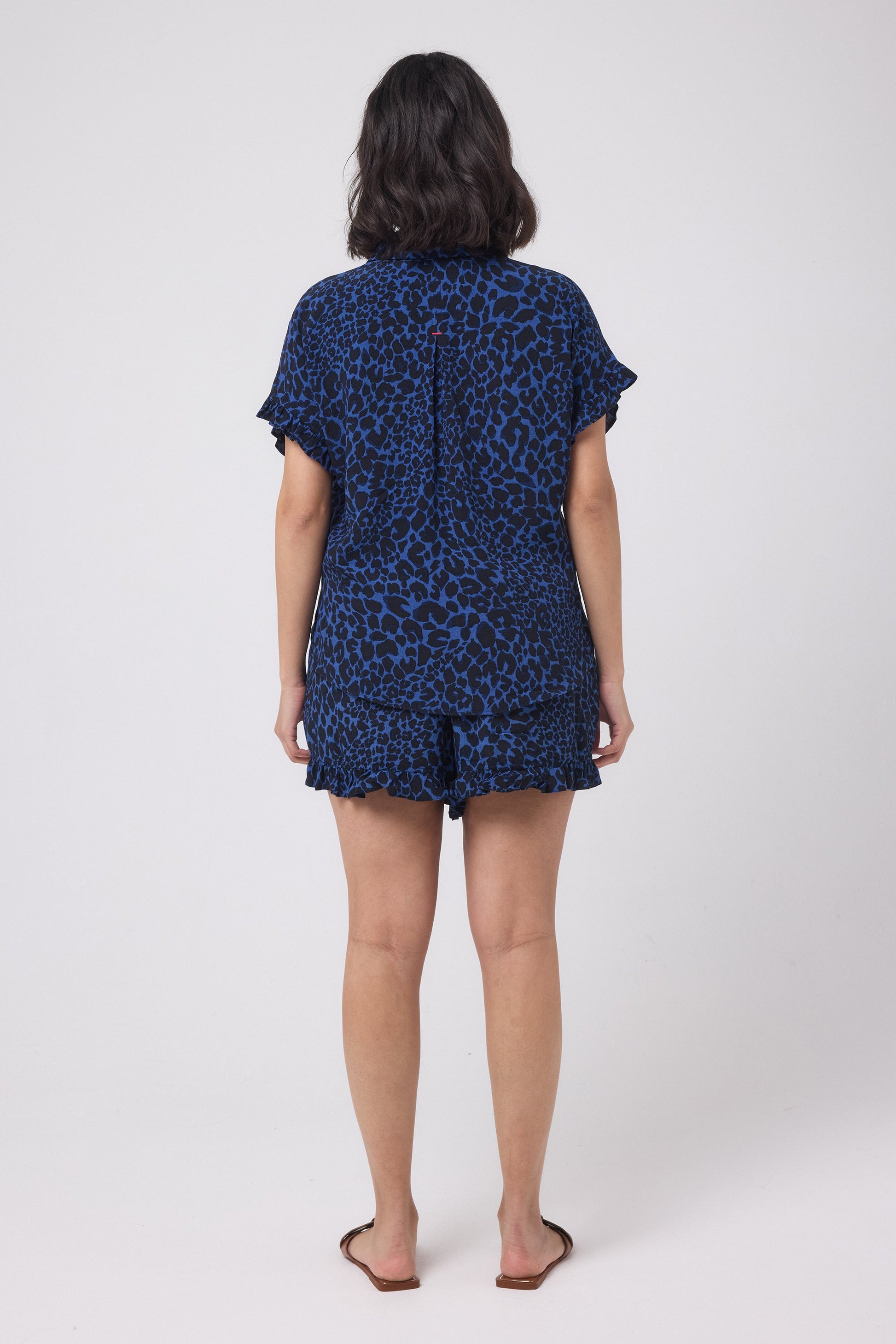 Navy with Black Rock and Roll Leopard Frill Sleeve Shirt