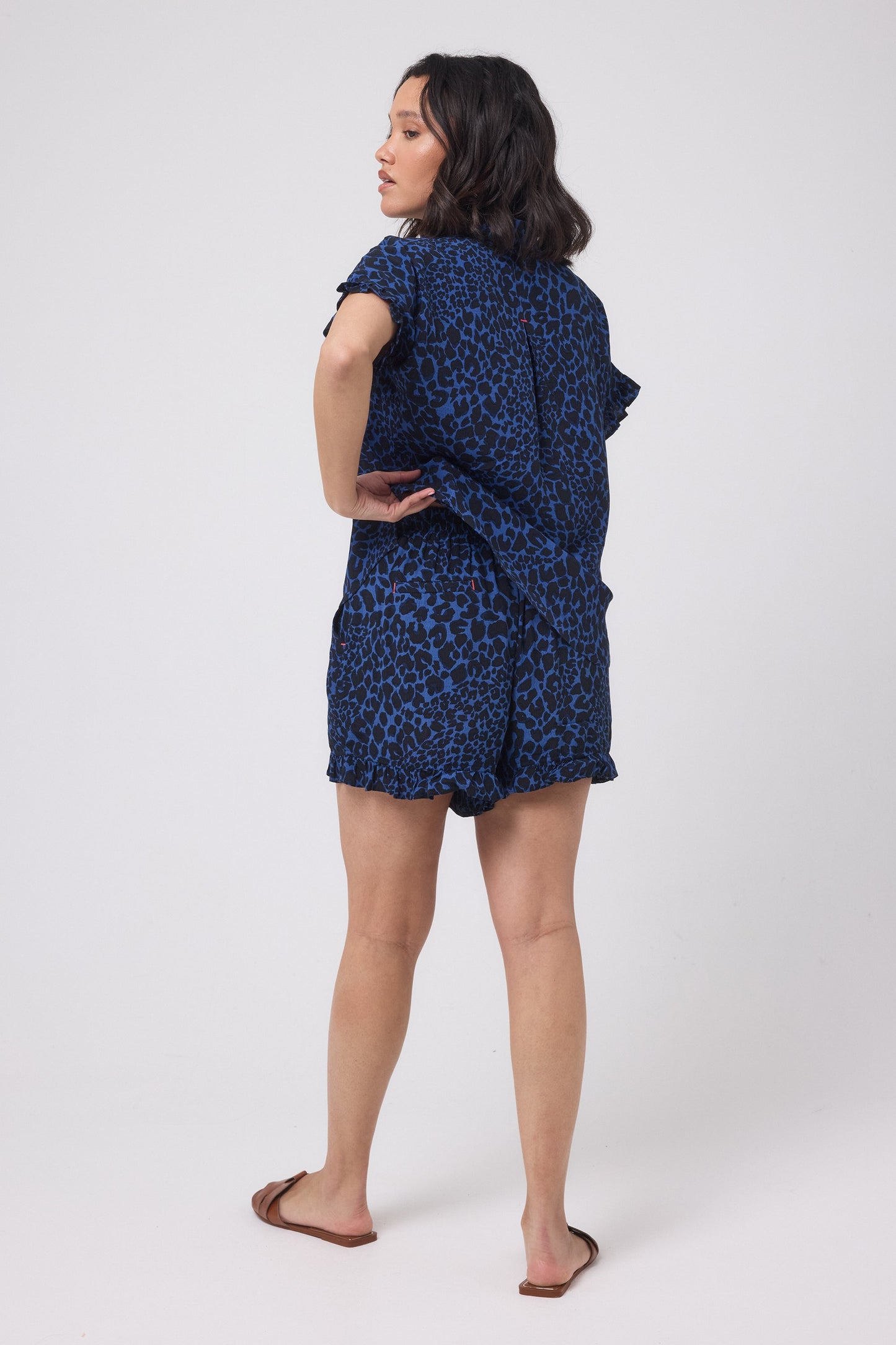 Navy with Black Rock and Roll Leopard Frill Hem Shorts