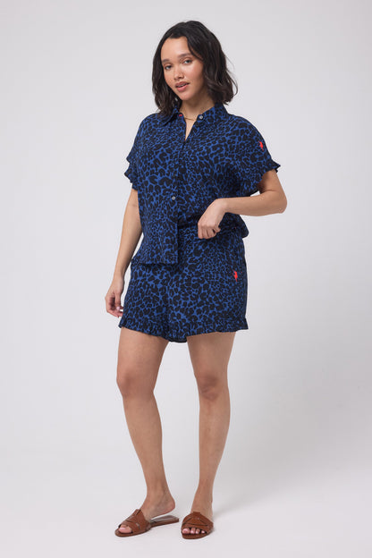 Navy with Black Rock and Roll Leopard Frill Hem Shorts