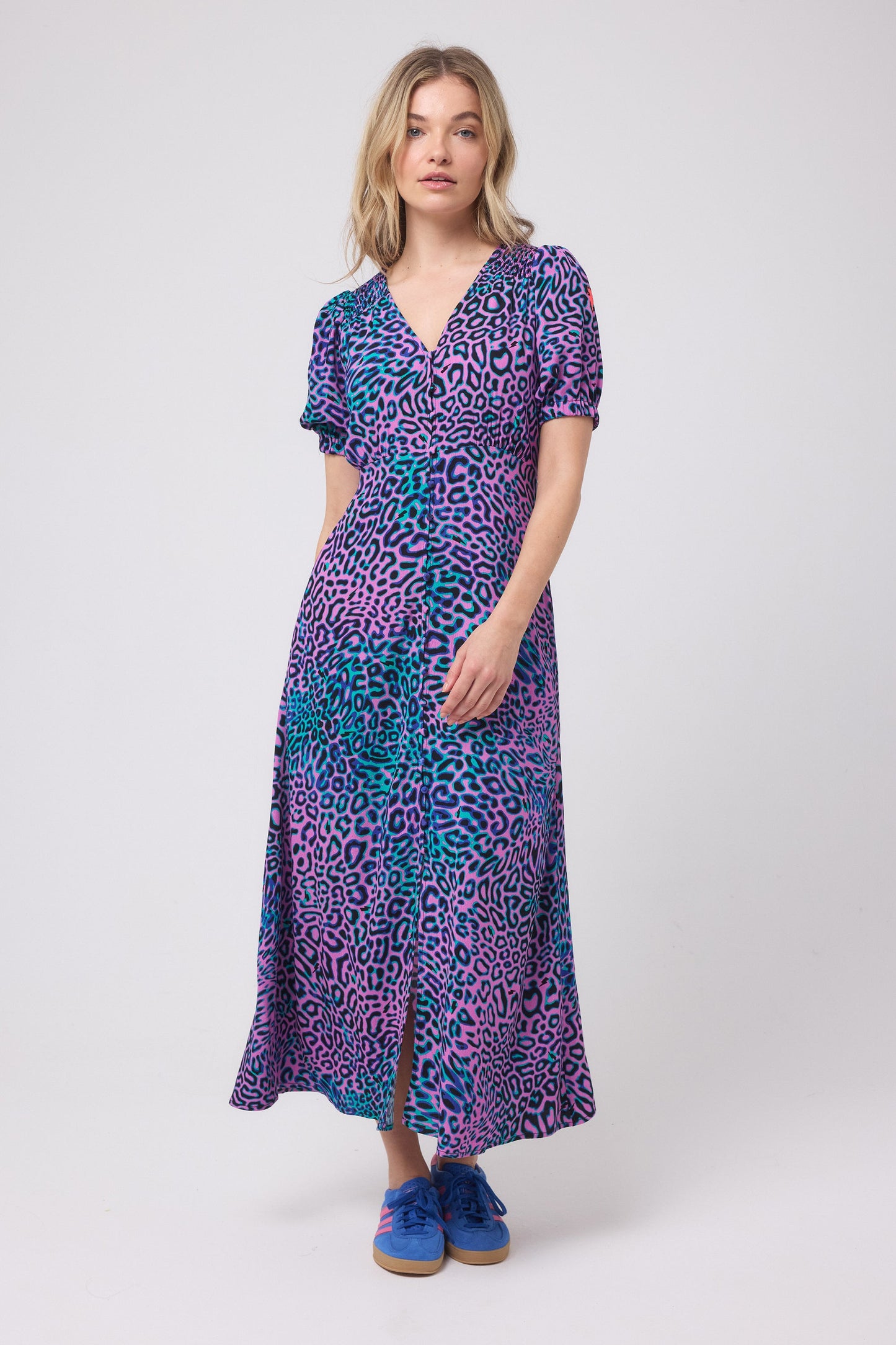 Pink with Green Leopard Ray Blouson Sleeve Midi Tea Dress