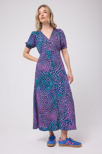 Pink with Green Leopard Ray Blouson Sleeve Midi Tea Dress