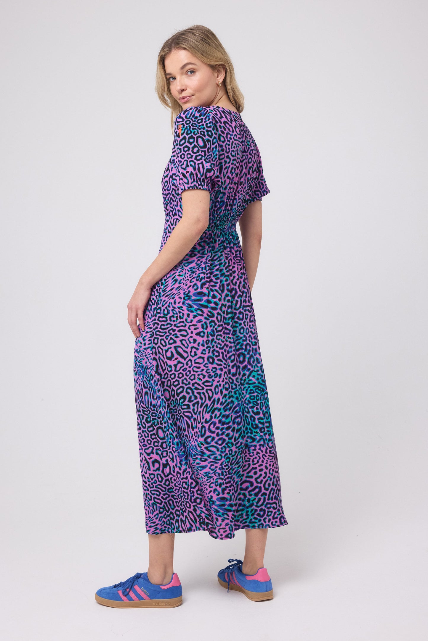 Pink with Green Leopard Ray Blouson Sleeve Midi Tea Dress