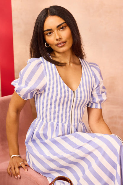 Blue with White Stripe Shirred Zip Detail Midi Dress