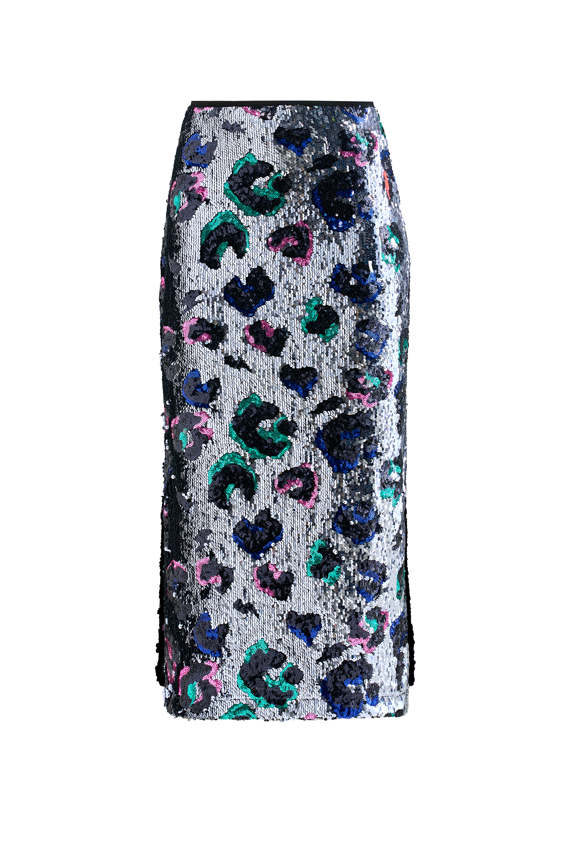 Silver with Rainbow Leopard Sequin Split Front Midi Skirt