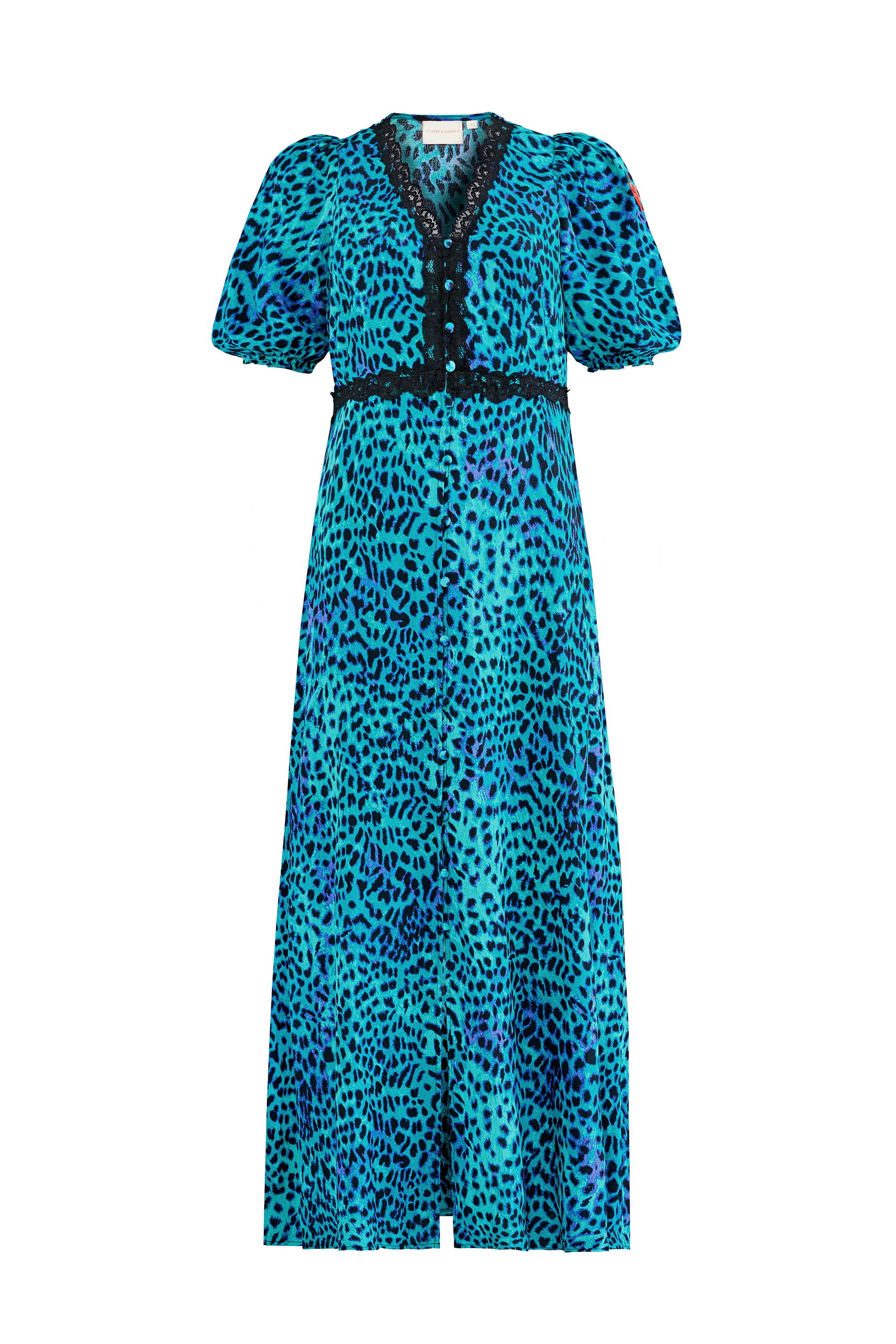 Turquoise with Blue Cheetah Lace Trim Puff Sleeve Midi Tea Dress