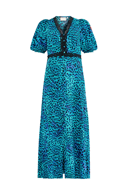 Turquoise with Blue Cheetah Lace Trim Puff Sleeve Midi Tea Dress