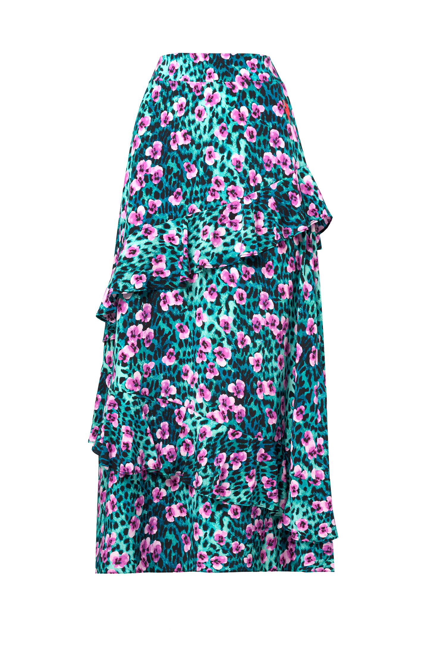 Turquoise Paradise Cheetah Ruffle Detail Midi Skirt