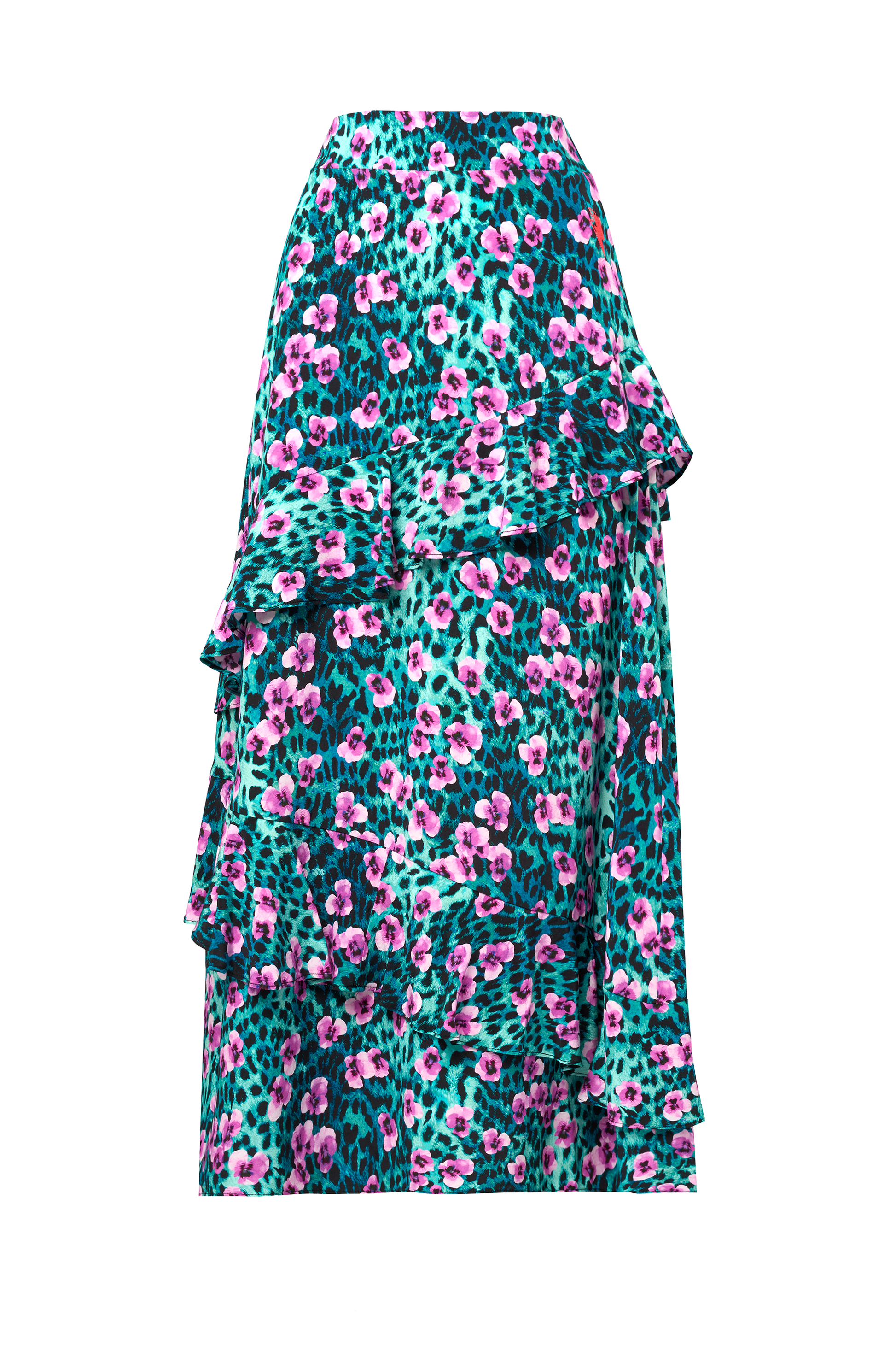 Turquoise Paradise Cheetah Ruffle Detail Midi Skirt
