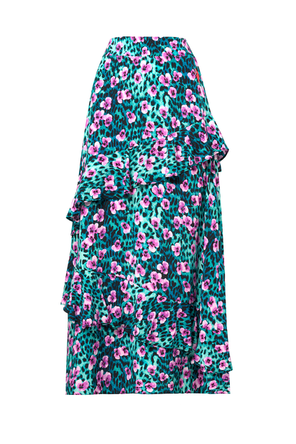 Turquoise Paradise Cheetah Ruffle Detail Midi Skirt