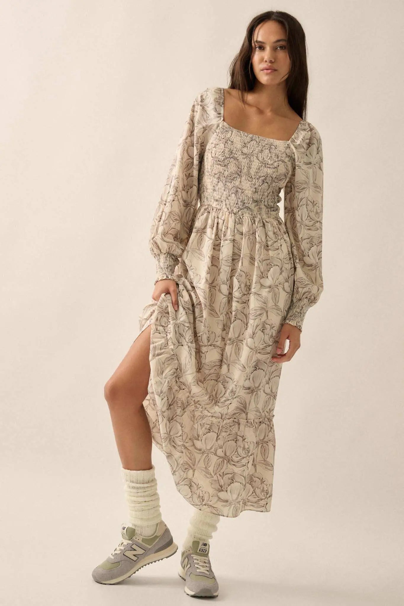 Serene Garden Floral Smocked Peasant Midi Dress