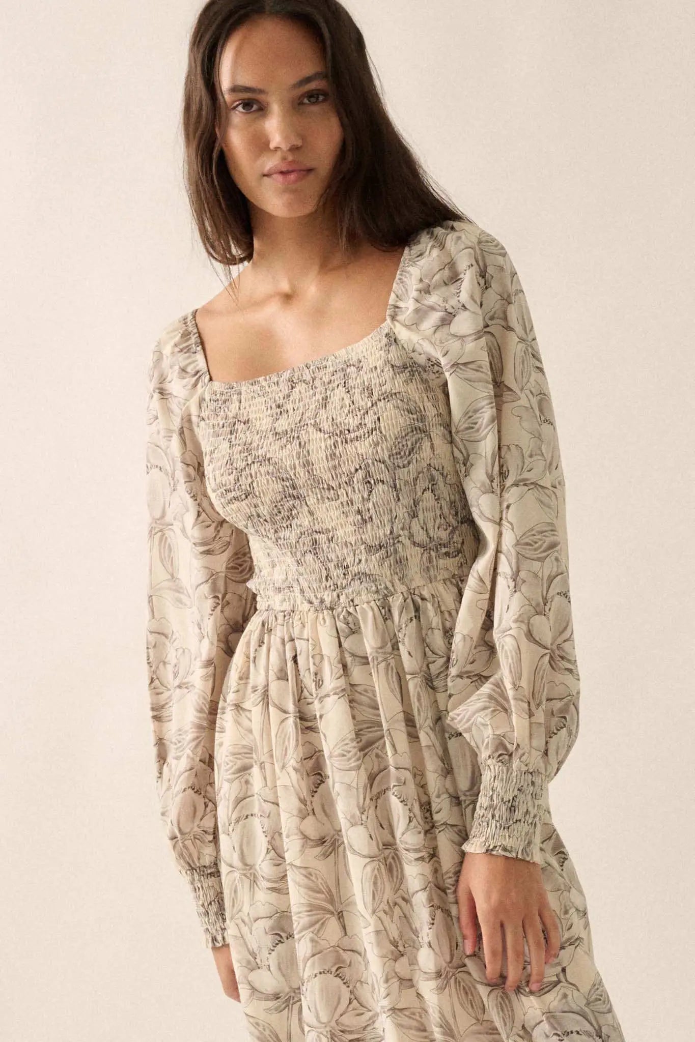 Serene Garden Floral Smocked Peasant Midi Dress