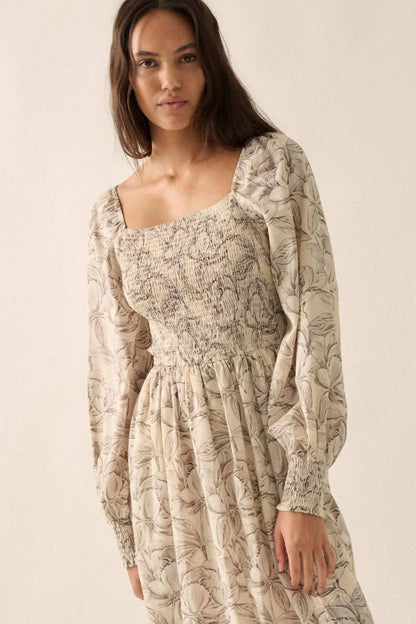 Serene Garden Floral Smocked Peasant Midi Dress
