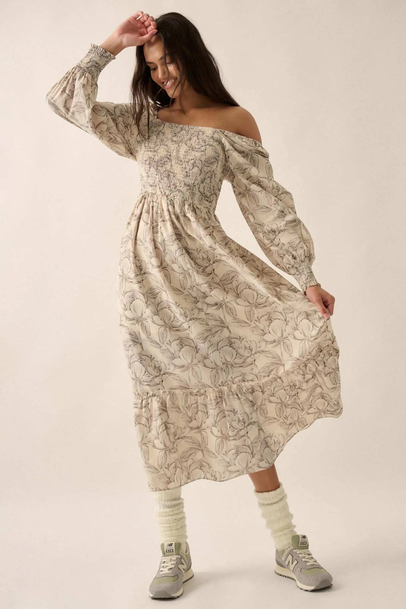 Serene Garden Floral Smocked Peasant Midi Dress