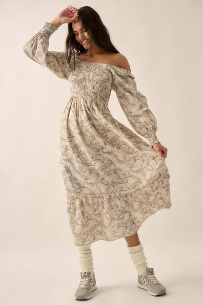 Serene Garden Floral Smocked Peasant Midi Dress