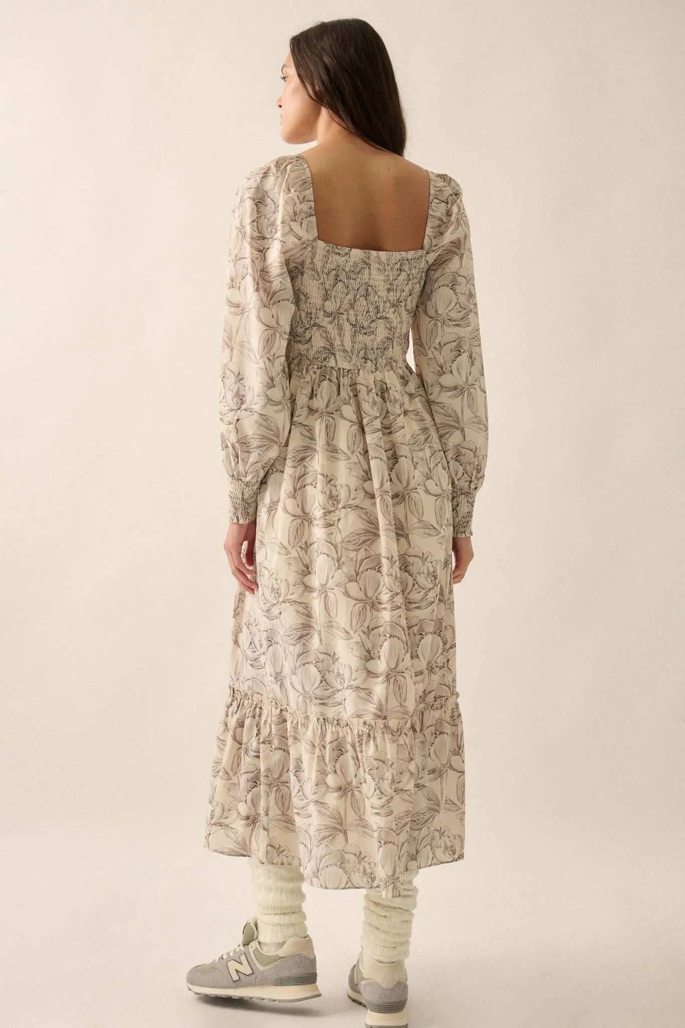 Serene Garden Floral Smocked Peasant Midi Dress