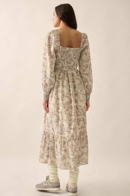 Serene Garden Floral Smocked Peasant Midi Dress