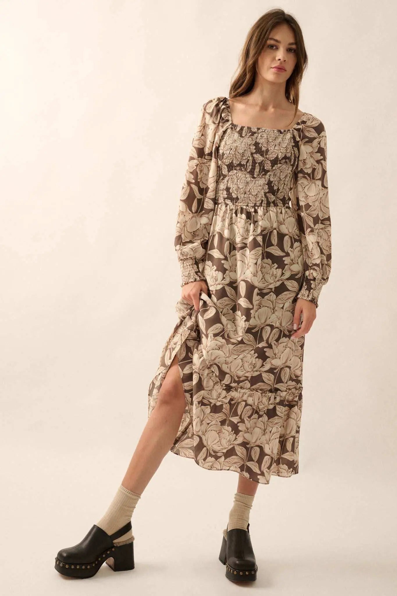 Serene Garden Floral Smocked Peasant Midi Dress