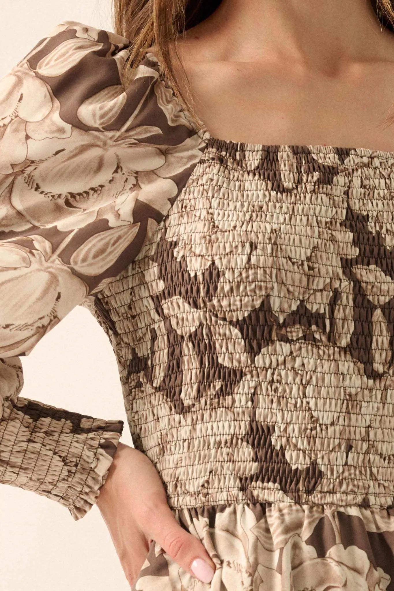 Serene Garden Floral Smocked Peasant Midi Dress