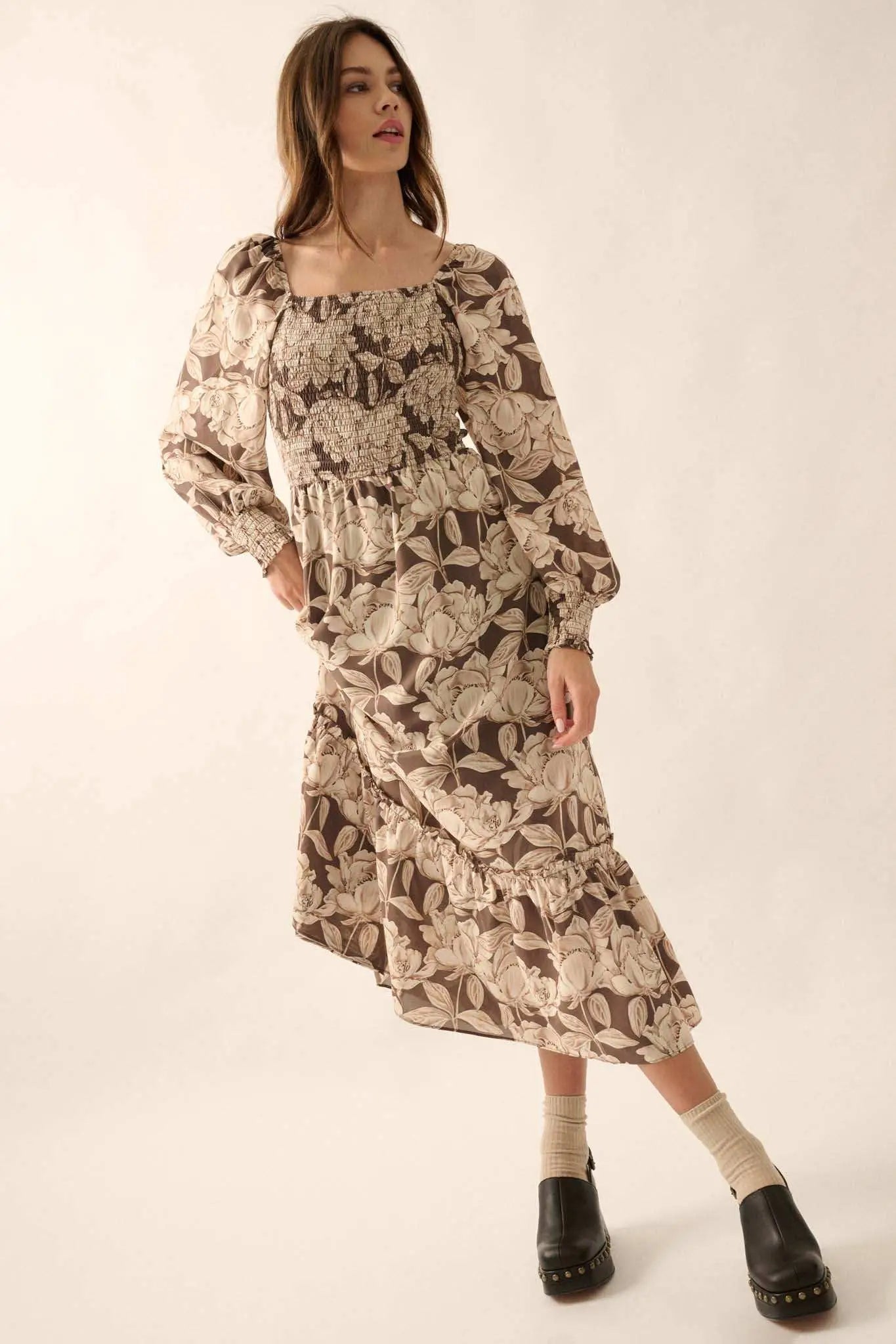 Serene Garden Floral Smocked Peasant Midi Dress