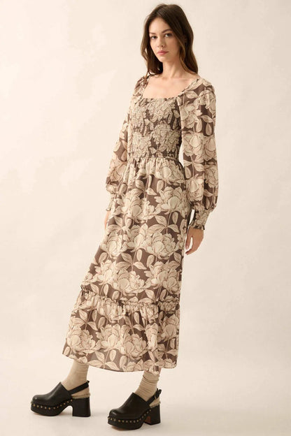 Serene Garden Floral Smocked Peasant Midi Dress