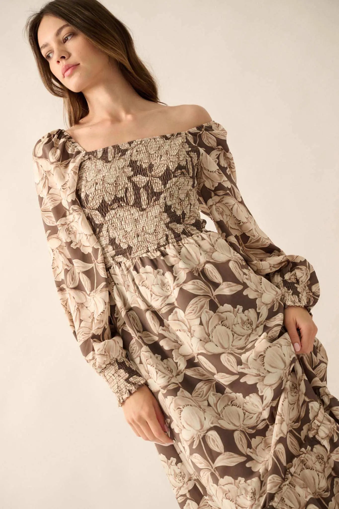 Serene Garden Floral Smocked Peasant Midi Dress