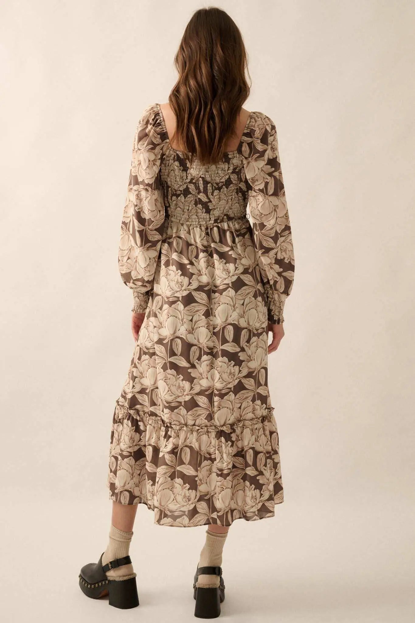 Serene Garden Floral Smocked Peasant Midi Dress