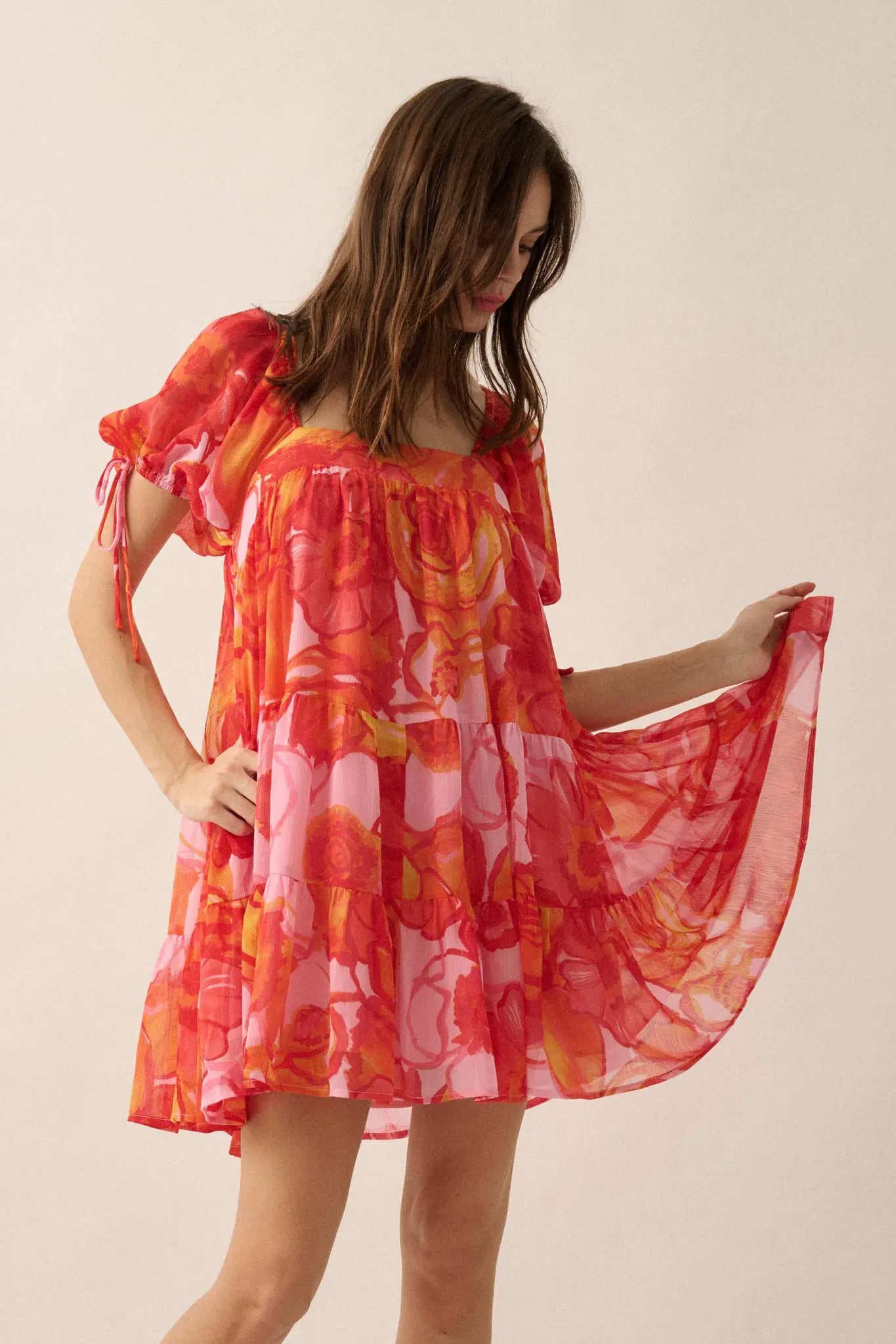 Exotic Blooms Floral Chiffon Babydoll Mini Dress