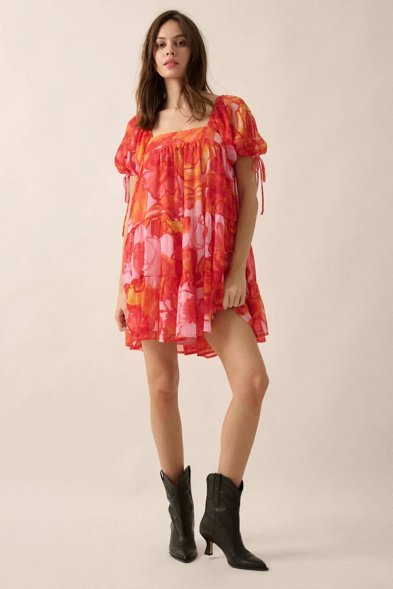 Exotic Blooms Floral Chiffon Babydoll Mini Dress