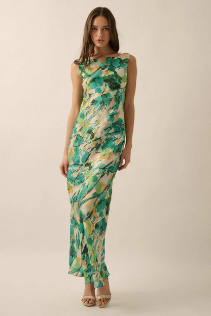 In Dreams Abstract-Print Satin Cowl-Back Maxi Dress