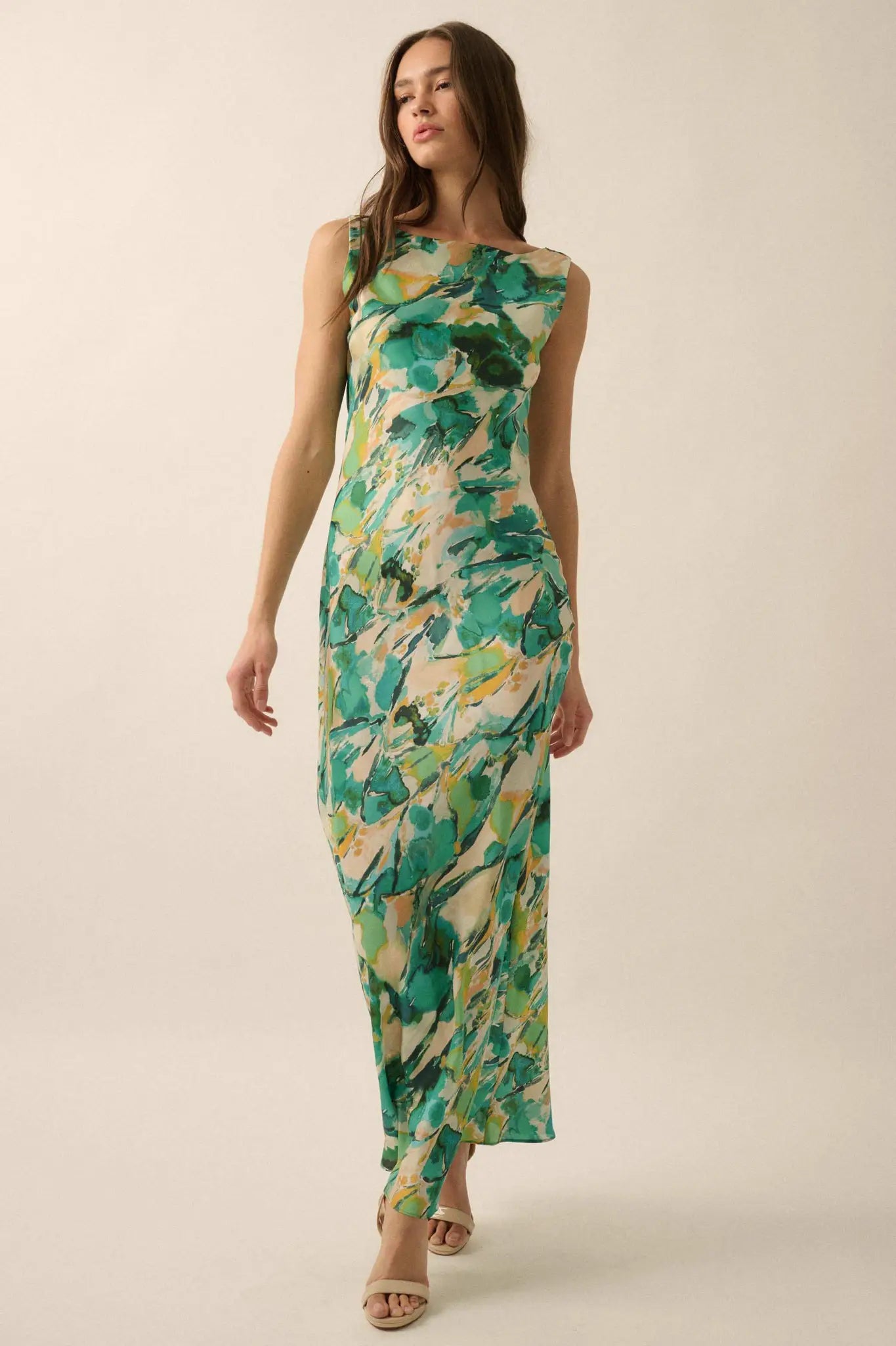 In Dreams Abstract-Print Satin Cowl-Back Maxi Dress