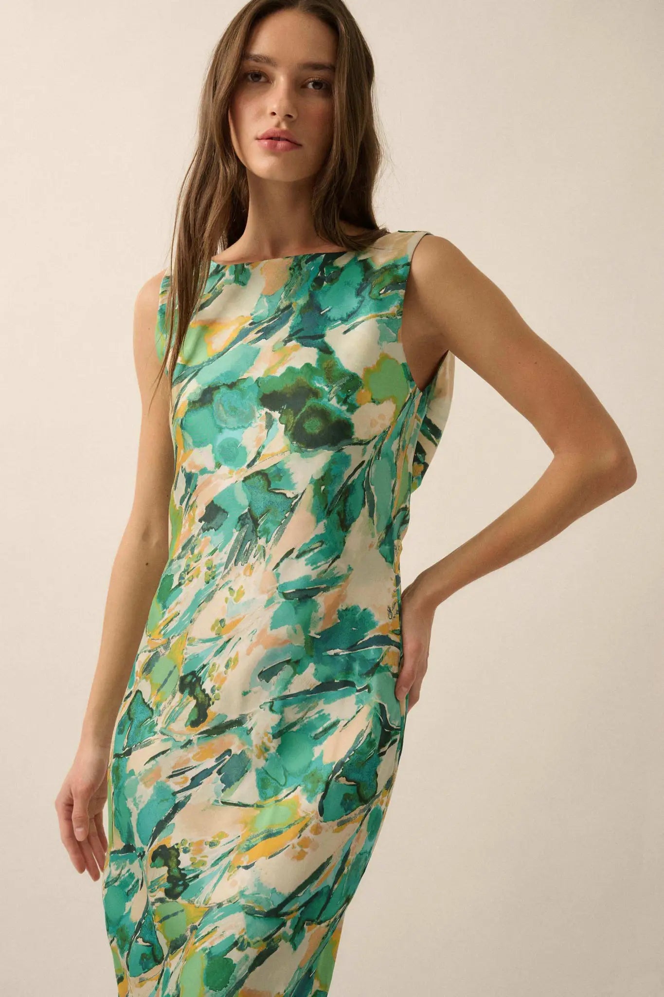 In Dreams Abstract-Print Satin Cowl-Back Maxi Dress