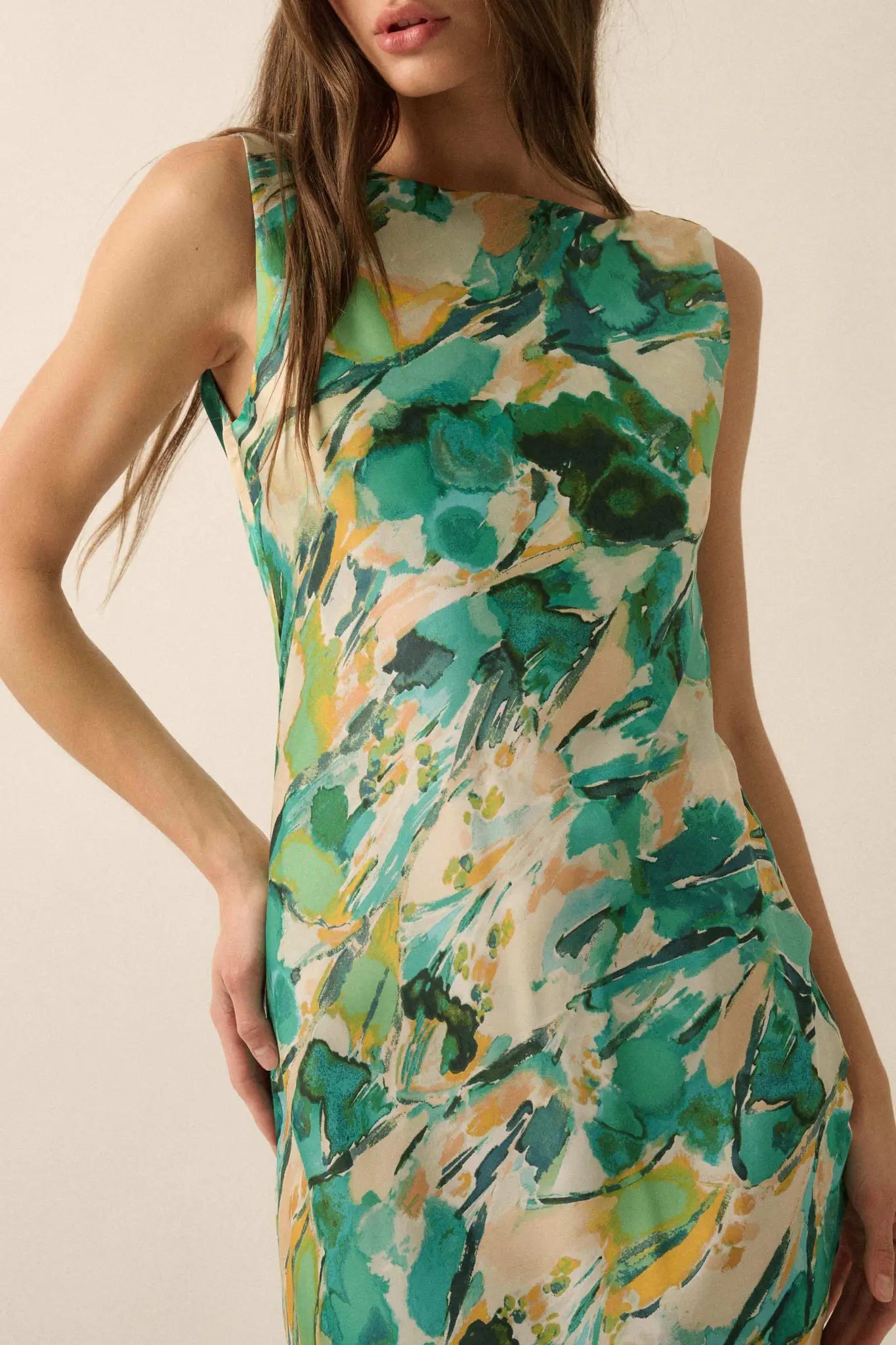 In Dreams Abstract-Print Satin Cowl-Back Maxi Dress