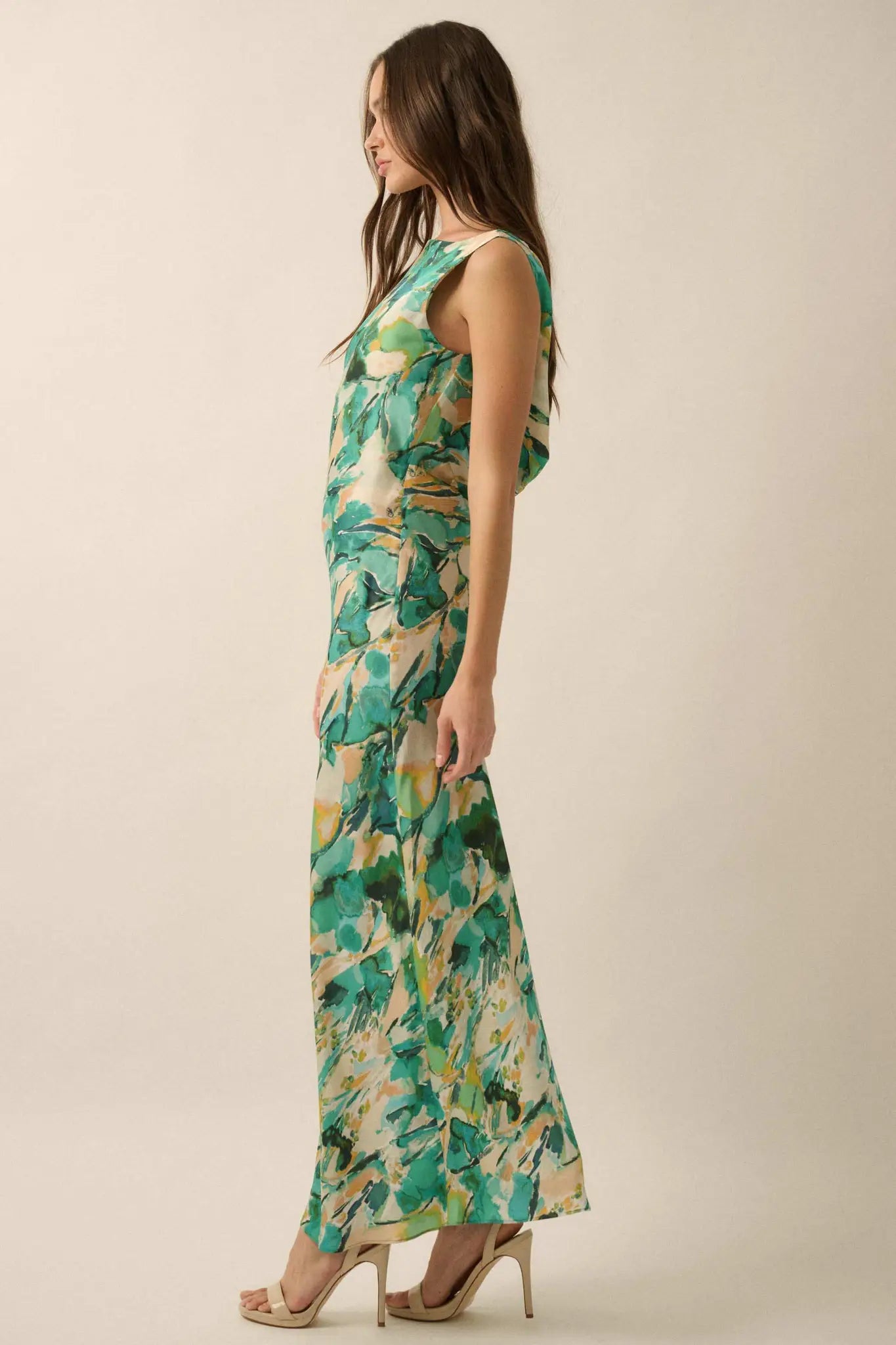 In Dreams Abstract-Print Satin Cowl-Back Maxi Dress