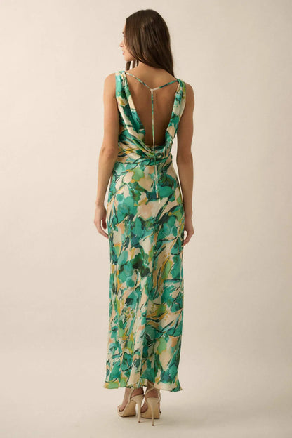 In Dreams Abstract-Print Satin Cowl-Back Maxi Dress