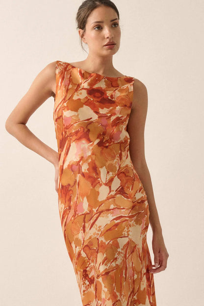 In Dreams Abstract-Print Satin Cowl-Back Maxi Dress