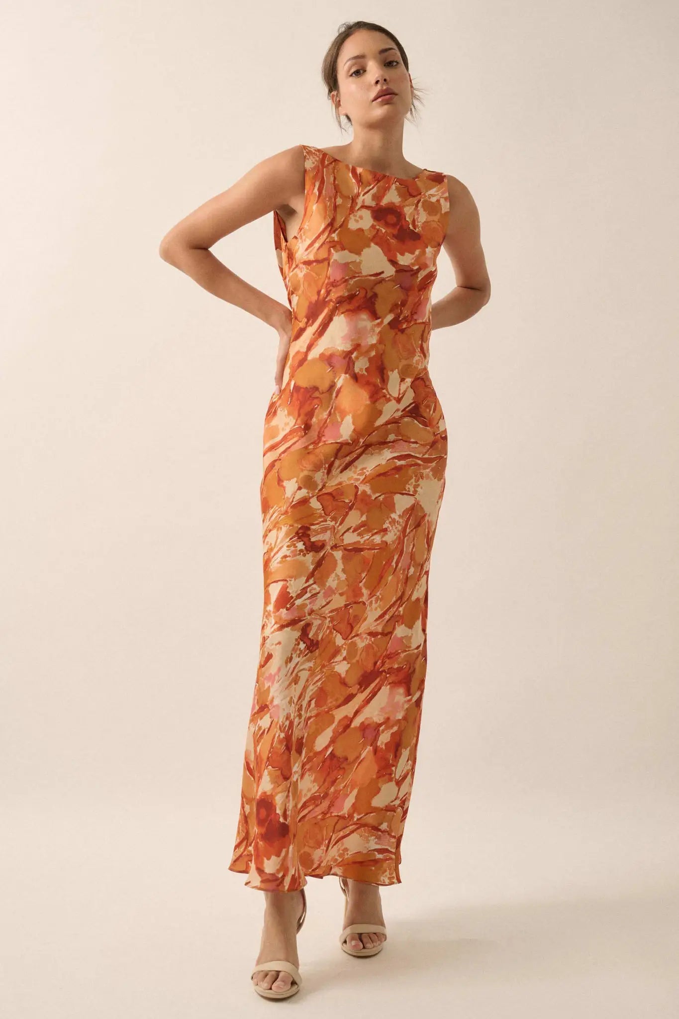 In Dreams Abstract-Print Satin Cowl-Back Maxi Dress