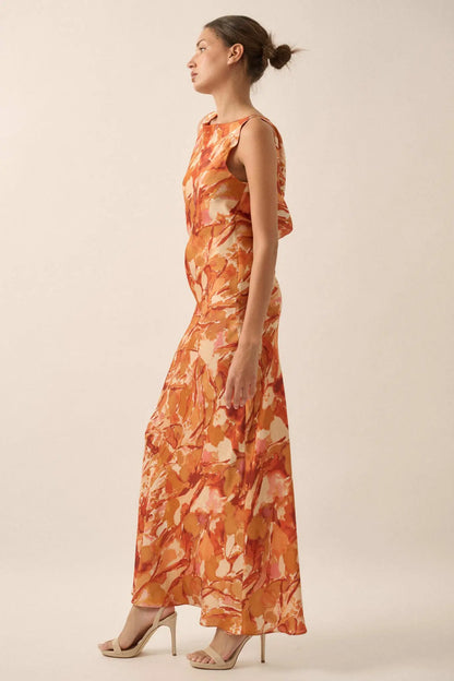In Dreams Abstract-Print Satin Cowl-Back Maxi Dress
