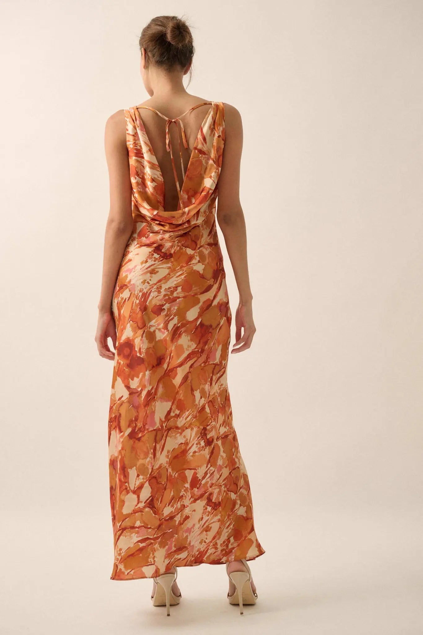 In Dreams Abstract-Print Satin Cowl-Back Maxi Dress