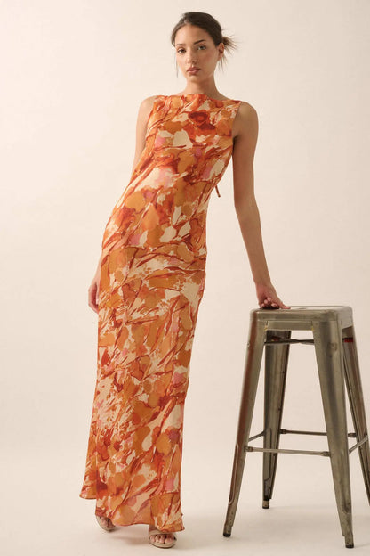 In Dreams Abstract-Print Satin Cowl-Back Maxi Dress