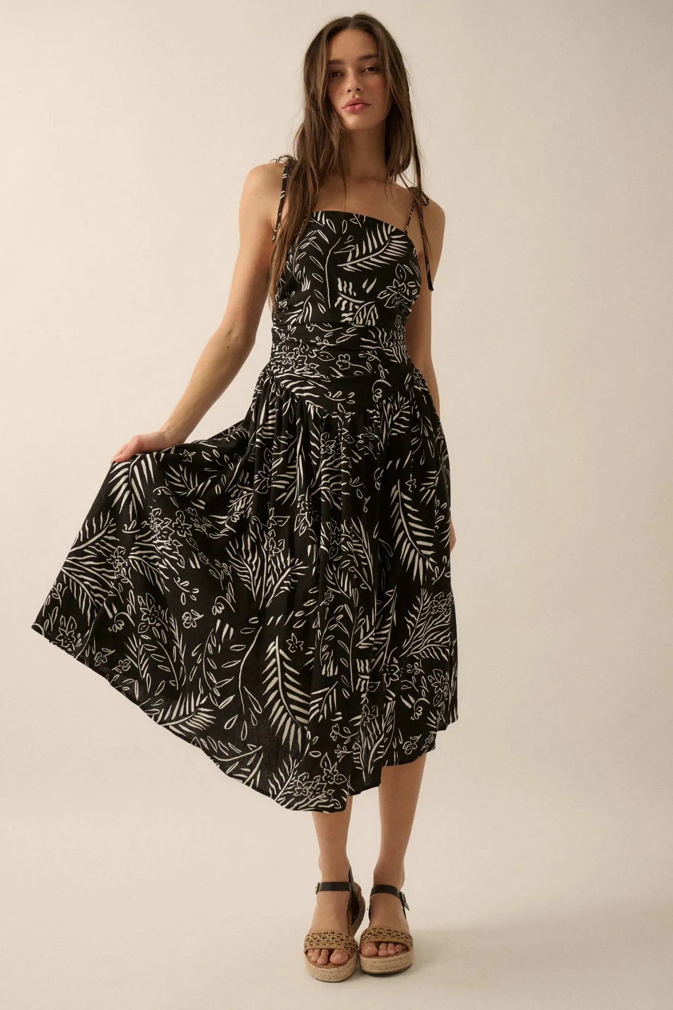 Blooming Artistry Floral Drop-Waist Midi Dress